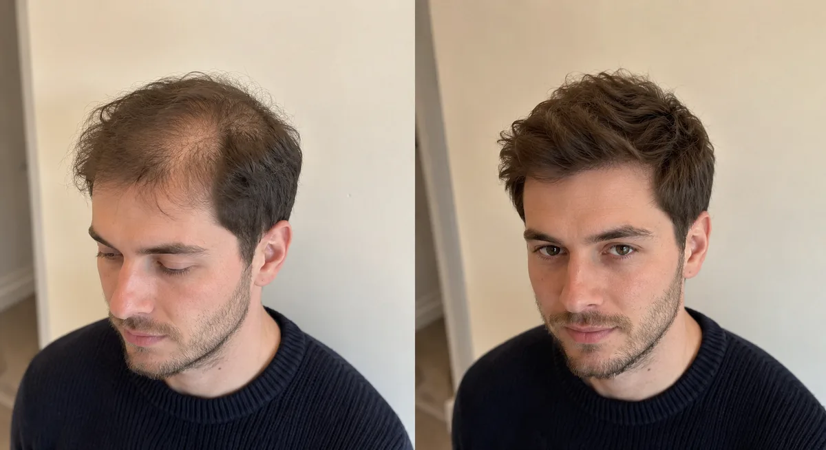 Man before and after hair patch for crown hair loss — natural undetectable result, HairBrisé Sydney