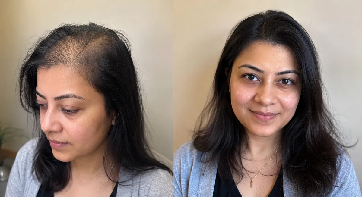 Woman before and after hair patch for crown thinning — full natural finish, HairBrisé Sydney