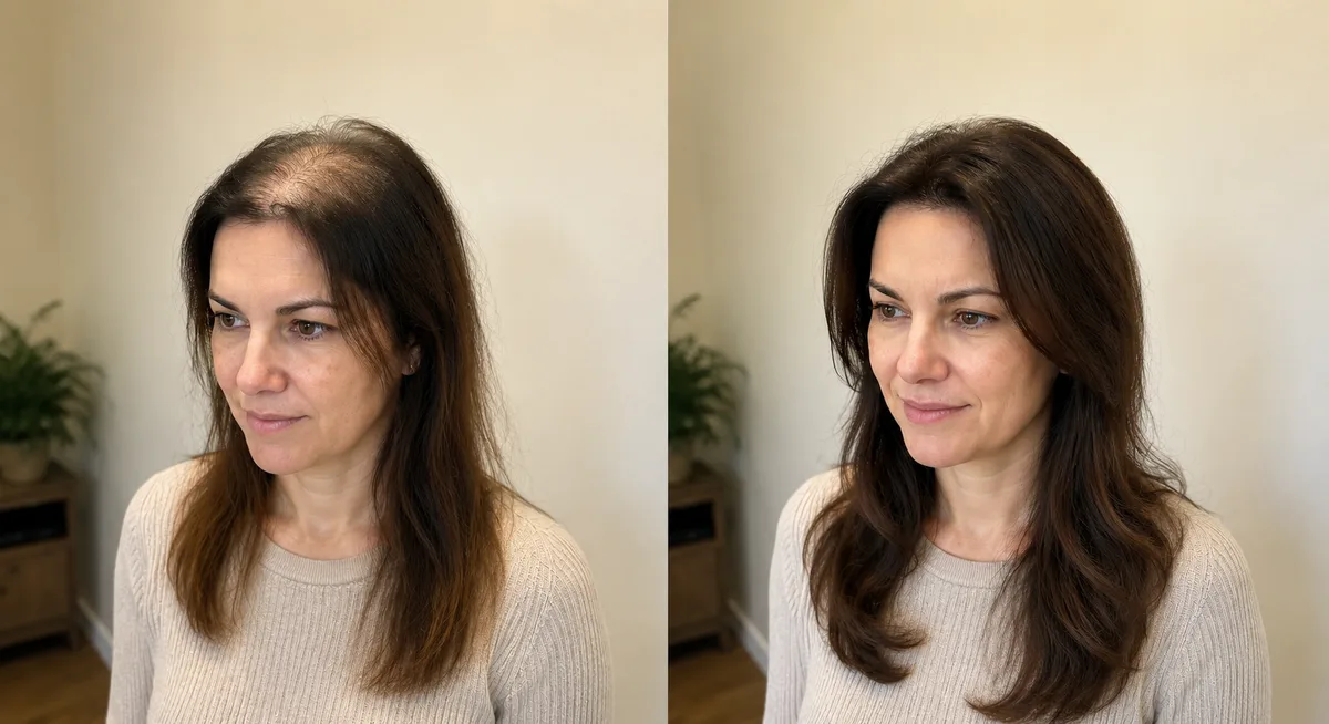 Woman before and after hair patch for thinning hair — voluminous long hair restored, HairBrisé Sydney