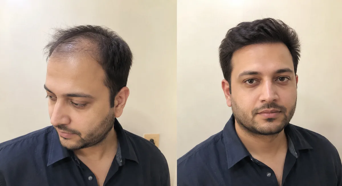 Man before and after hair system for receding hairline — thick natural result, HairBrisé Sydney
