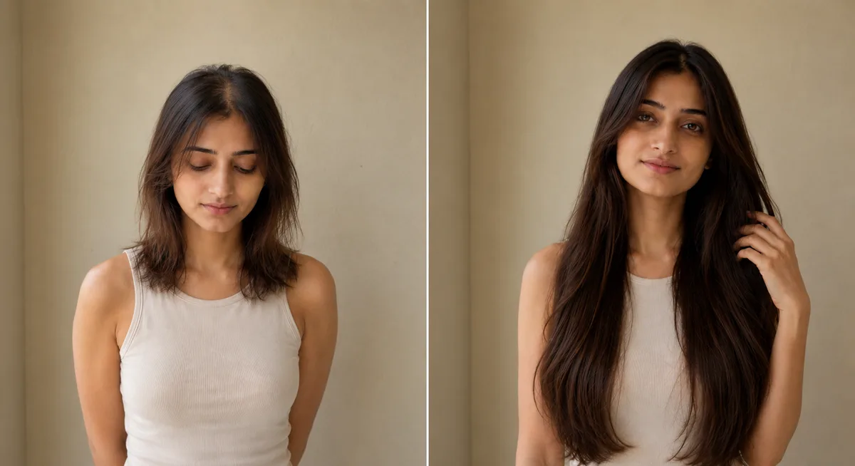 Woman before and after hair extensions for thinning hair — long full result, HairBrisé Sydney