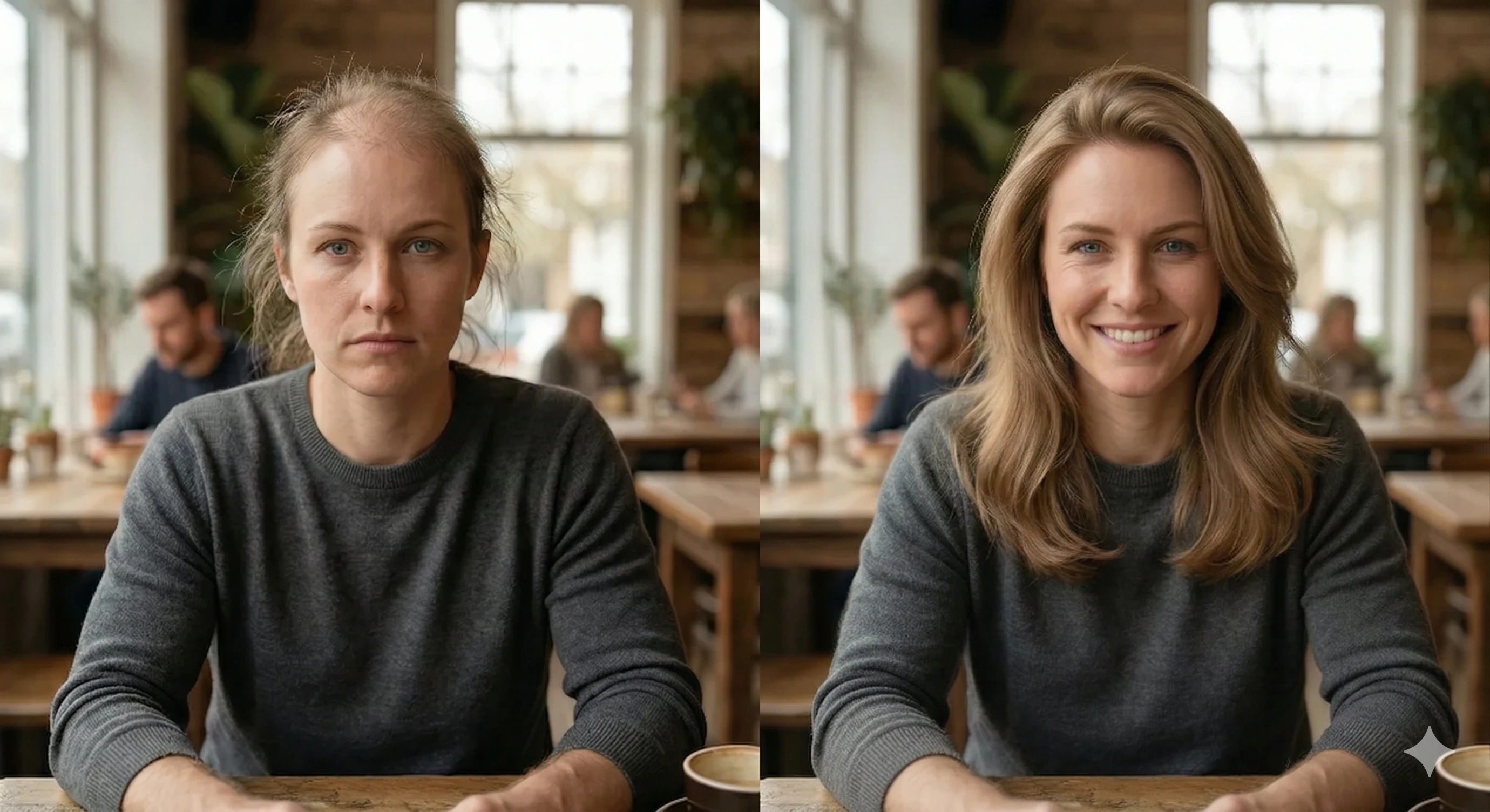 Model with real human hair wig, styled naturally, Sydney