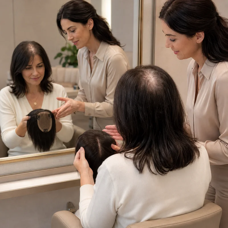 Woman smiling with natural hair patch, HairBrisé Sydney